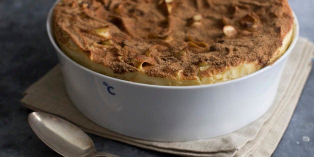 This July 28, 2014 photo shows apple honey kugel in Concord, N.H. The blend of mascarpone, sour cream and light cream, with the help of six eggs, creates a lighter, makes a more delicate dessert. (AP Photo/Matthew Mead)