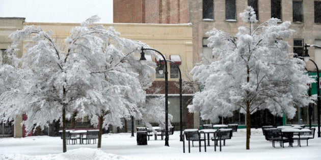 DURHAM, NC - FEBRUARY 13: Branches weighted with ice hang over empty city benches on February 13, 2014 in downtown Durham, North Carolina. Snow and icy conditions shut down most roads and business throughout central North Carolina on Thursday. (Photo by Sara D. Davis/Getty Images)