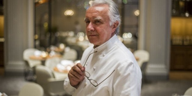 TO GO WITH AFP STORY BY MARIE GIFFARD - Alain Ducasse, the godfather of French gastronomy, poses in his restaurant at the Plaza Athenee hotel in Paris on September 2, 2014 in Paris. Ducasse has gone against the grain of French culinary tradition by banishing meat from the menu of his restaurant at the famed Paris hotel Plaza Athenee. AFP PHOTO / FRED DUFOUR (Photo credit should read FRED DUFOUR/AFP/Getty Images)