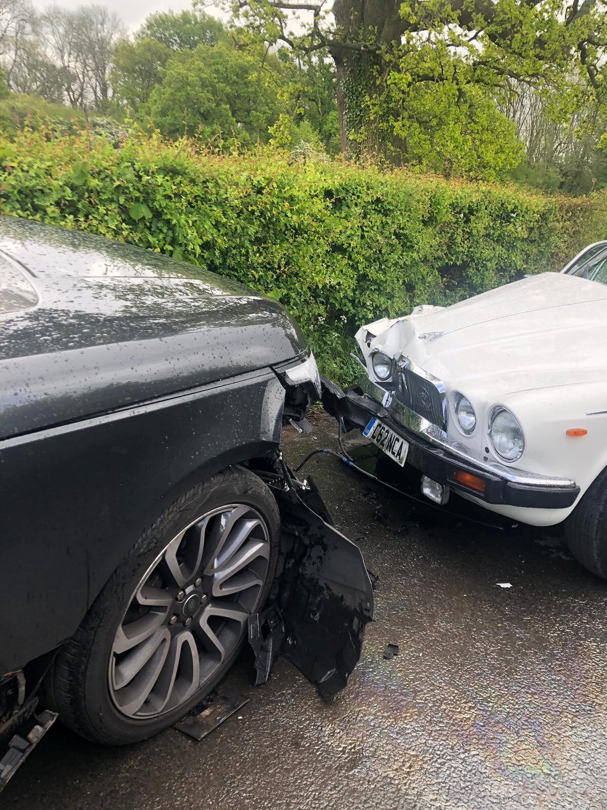 **PICTURE RELEASED FOR SUNDAY PRINT MEDIA - ONLINE EMBARGO UNTIL 6.00AM / SUNDAY 12 MAY, 2019** Collect photo of the damage caused to Patrick Tranter's Jaguar when it was in a collision with Nigel Farage's Range Rover. See SWNS story SWSYfarage. Former UKIP leader Nigel Farage has been banned from his local pub after he allegedly made a swift exit when he was involved in a head on crash with the landlord. Patrick Tranter, 38, was driving home with his one-year-old son when his Jaguar was hit by Farage's Range Rover, he claims. But instead of checking on Patrick and his son, the Eurosceptic MEP is said to have fled the scene. Patrick and his shaken baby son George were taken to hospital in an ambulance, and he claims his car has been written off.