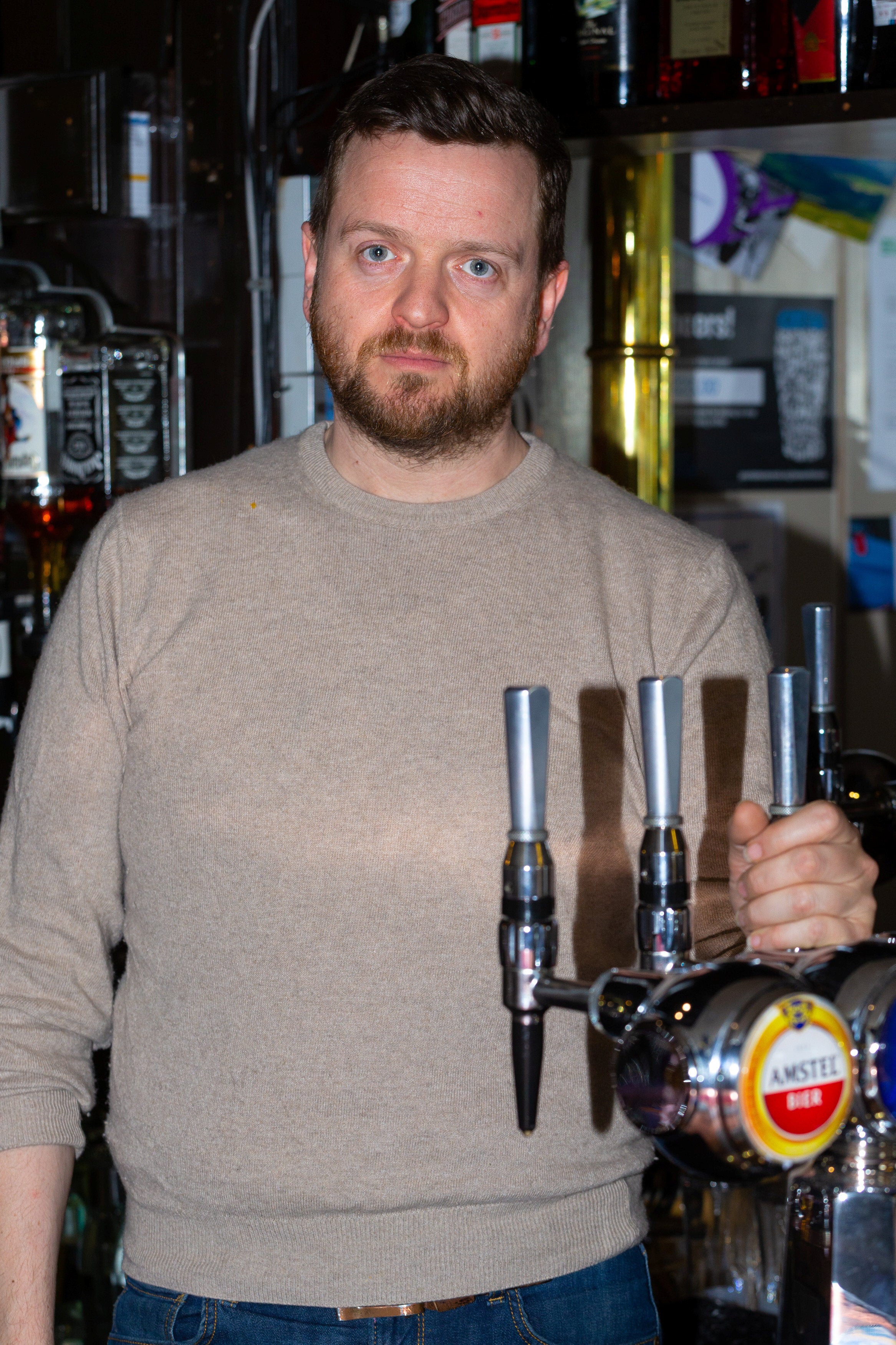 **PICTURE RELEASED FOR SUNDAY PRINT MEDIA - ONLINE EMBARGO UNTIL 6.00AM / SUNDAY 12 MAY, 2019** Pub landlord Patrick Trenter, 38, at his pub the George and Dragon in Westerham, Kent. See SWNS story SWSYfarage. Former UKIP leader Nigel Farage has been banned from his local pub after he allegedly made a swift exit when he was involved in a head on crash with the landlord. Patrick Tranter, 38, was driving home with his one-year-old son when his Jaguar was hit by Farage's Range Rover, he claims. But instead of checking on Patrick and his son, the Eurosceptic MEP is said to have fled the scene. Patrick and his shaken baby son George were taken to hospital in an ambulance, and he claims his car has been written off.