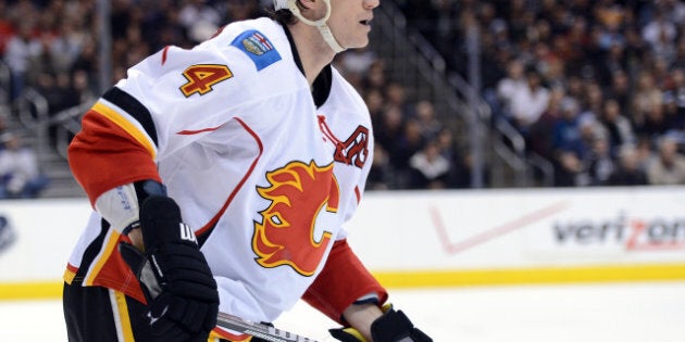LOS ANGELES, CA - MARCH 09: Jay Bouwmeester #4 of the Calgary Flames plays defense against the Los Angeles Kings at Staples Center on March 9, 2013 in Los Angeles, California. (Photo by Harry How/Getty Images)