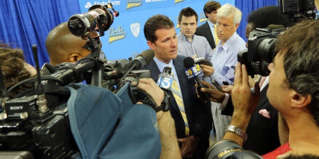 WESTWOOD, CA - APRIL 02: Steve Alford answers questions from local media at a press conference after being introduced as UCLA's new head men's basketball coach on April 2, 2013 in Westwood, California. (Photo by Victor Decolongon/Getty Images)