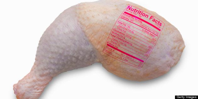 Close-up, detailed nutritional information for a serving of chicken leg.