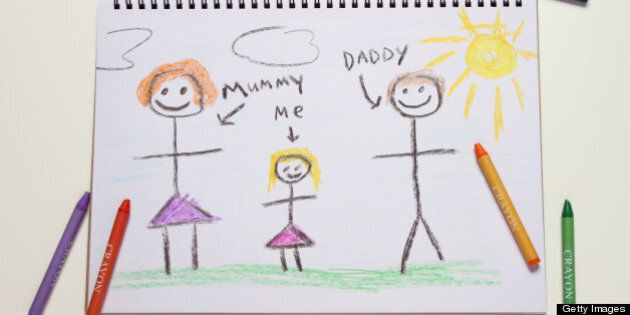 A childlike drawing of a child and their parents