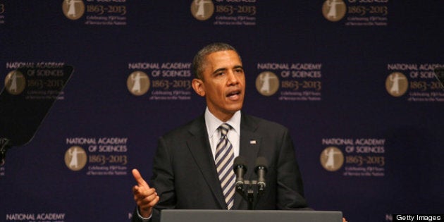 WASHINGTON, DC - APRIL 29: (AFP OUT) U.S. President Barack Obama speaks at the National Academy of Sciences 150th Anniversary event April 29, 2013 in Washington, DC. Obama said the U.S. could lose years of scientific research as a result of automatic spending cuts that have hit federal agencies. (Photo by Martin H. Simon-Pool/Getty Images)