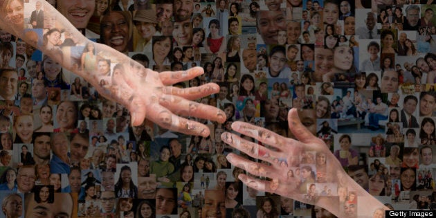 Montage of hands reaching out against images of people