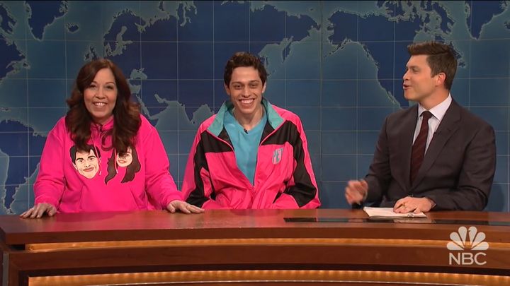 Comedian Pete Davidson (center) appearing brought his mother, Amy Davidson, on "Saturday Night Live."