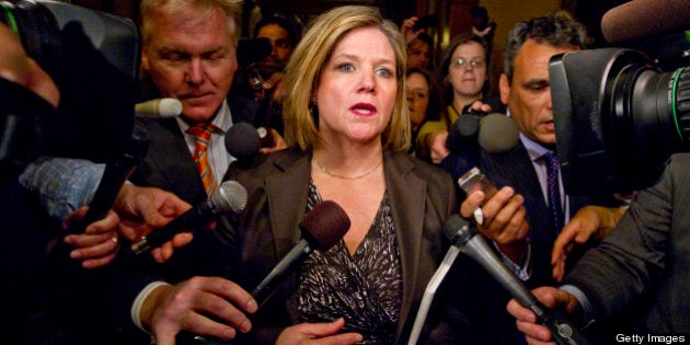 NDP Leader Andrea Horwath heads out from her meeting with Premier Dalton McGuinty today in his office for last-ditch budget deal. April 23, 2012 (Photo by David Cooper/Toronto Star via Getty Images)