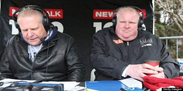 TORONTO, ON - APRIL 13: Mayor Rob Ford and his brother Councillor Doug Ford, while hosting their Sunday radio show, were on hand on Coun. James Pasternak's annual clean-up day at Earl Bales Park in North York. (Rene Johnston/Toronto Star via Getty Images)