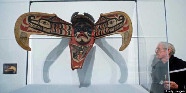 A Kwakwaka?wakw Thunderbird Transformation Mask, from Vancouver Island, is on display at the 'Life, Death, and Transformation in the Americas' exhibit at the Brooklyn Museum February 28, 2013 in New York. Themes of life, death, fertility, and regeneration are explored through pre-Columbian and historical artworks, including many pieces that are rarely on display. AFP PHOTO/DON EMMERT (Photo credit should read DON EMMERT/AFP/Getty Images)