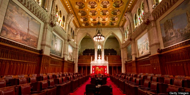 Interior of Canadian Parliament Building of Canadian Senate chambers in Ottawa, Ontario.