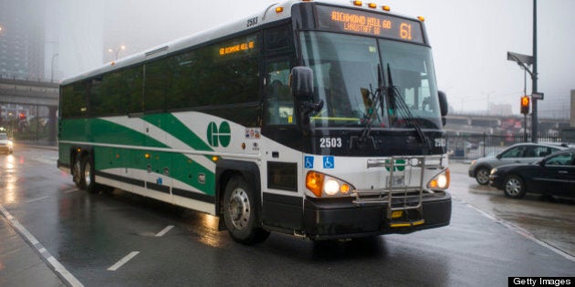 TORONTO, ON - MAY 28: A photograph of a GO Bus heading south along Yonge Street near Lake Shore Blvd East. (Carlos Osorio/Toronto Star via Getty Images)