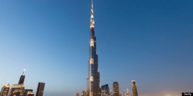 Evening view of Burj Khalifa tower the world's tallest structure and skyline in Dubai, UAE.
