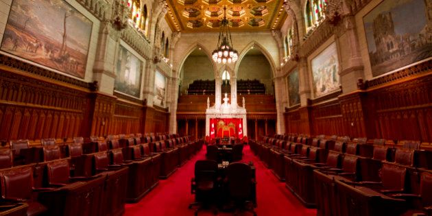 Interior of Canadian Parliament Building of Canadian Senate chambers in Ottawa, Ontario.