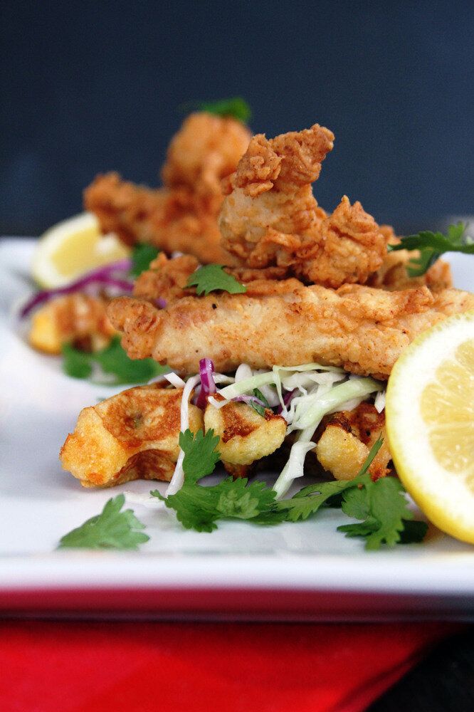 Buttermilk Fried Chicken Tenders with Cilantro Slaw & Jalapeno Cheddar Waffles