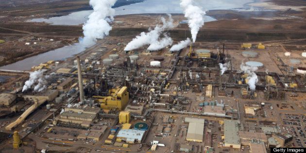 A large oil refinery along the Athabasca River in Alberta's Oilsands. Fort McMurray, Alberta.