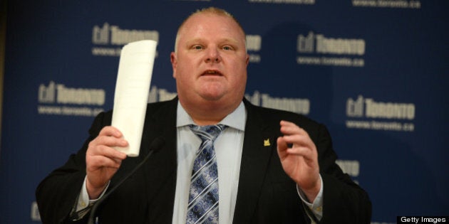 TORONTO, ON - MAY 28 - Toronto Mayor Rob Ford speaks to media about MetroLinks at a presser and refuses to answer any questions about the drug scandal at City Hall in Toronto on May 28, 2013 (Vince Talotta/Toronto Star via Getty Images)