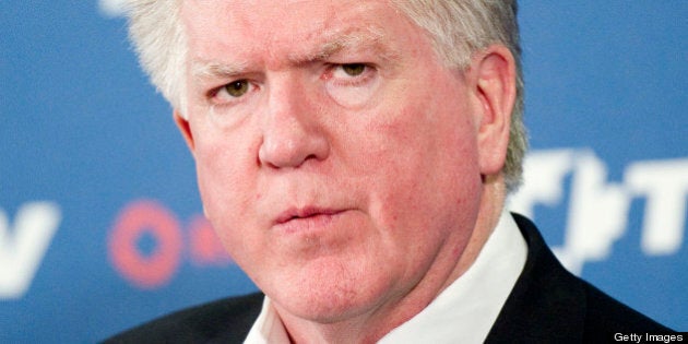 Toronto Maple Leafs General Manager Brian Burke speaks to the media about the teams move after the NHL Trade deadline on February 27, 2012 (Photo by Carlos Osorio/Toronto Star via Getty Images)