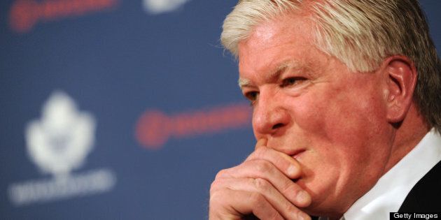 Toronto Maple Leafs General Manager Brian Burke speak to the media at Air Canada Centre on Apr 10 2012 .VINCE TALOTTA/TORONTO STAR (Photo by Vince Talotta/Toronto Star via Getty Images)