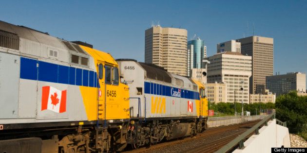 Via Rail passes through downtown Winnipeg, Manitoba, Canada