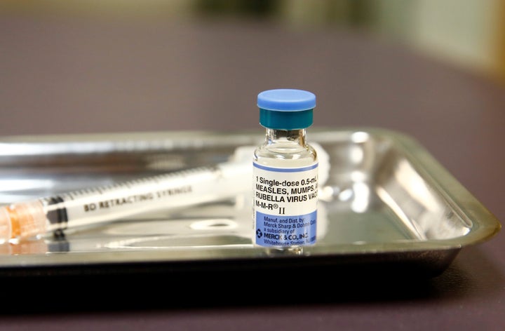 A vial of the measles, mumps, and rubella (MMR) vaccine is pictured at the International Community Health Services clinic in