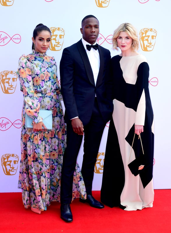 Mandip Gill, Tosin Cole and Jodie Whittaker attending the Virgin Media BAFTA TV awards, held at the Royal Festival Hall in London. (Photo by Ian West/PA Images via Getty Images)