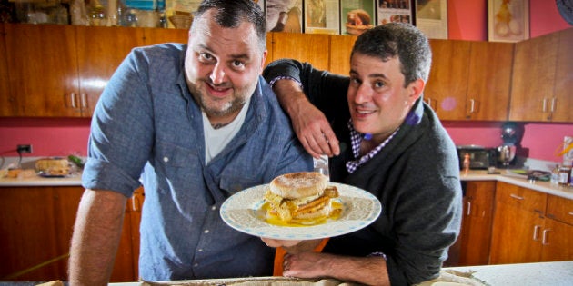 Joe Beef chefs David McMillan (left) and Fred Morin, (right) the chefs behind Montreal's Joe Beef restaurant come to the Toronto Star's test kitchen to make their decadent breakfast sandwich in Toronto. October 13, 2011 (Photo by David Cooper/Toronto Star via Getty Images)