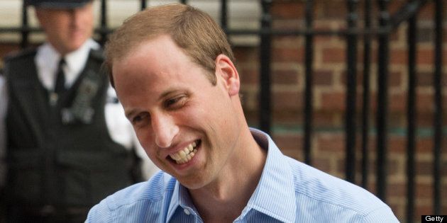 LONDON, UNITED KINGDOM - JULY 23: Prince William, Duke of Cambridge leaves The Lindo Wing of St Mary's Hospital with his newborn son at St Mary's Hospital on July 23, 2013 in London, England. (Photo by Samir Hussein/WireImage)