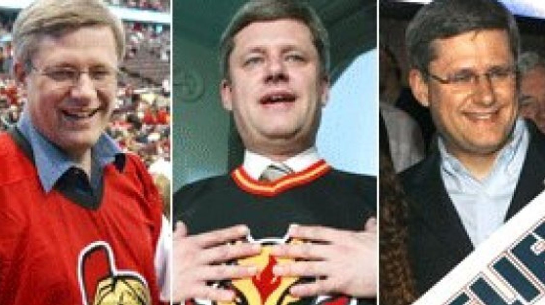 Canadian Prime Minister Stephen Harper autographs a fan's jersey