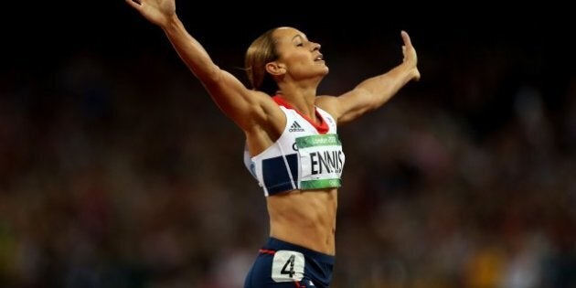 Great Britain's Jessica Ennis celebrates winning the Heptathlon, after the 800m event at the Olympic Stadium, London, on the eighth day of the London 2012 Olympics.