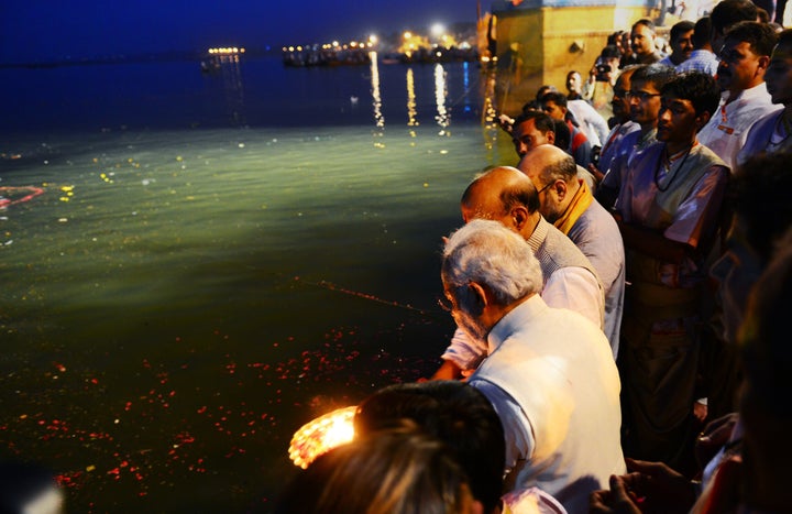 Indian prime minister-elect Narendra Modi performs the "Ganga Puja" in Varanasi on May 17, 2014.