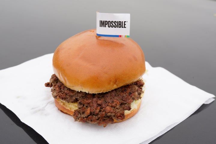 This Jan. 11, 2019, file photo shows the Impossible Burger, a plant-based burger containing wheat protein, coconut oil and po