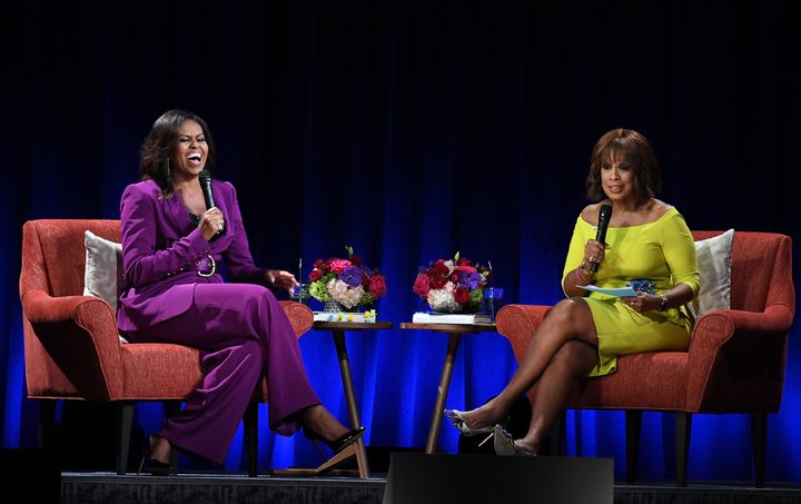 The book tour stop was moderated by Gayle King in a complementary outfit.