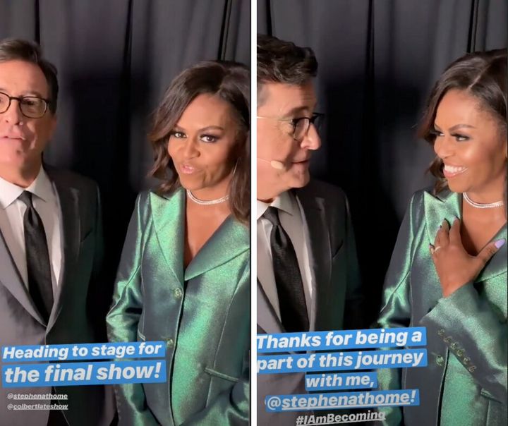 Stephen Colbert and Michelle Obama speaking before the final stop on her book tour.