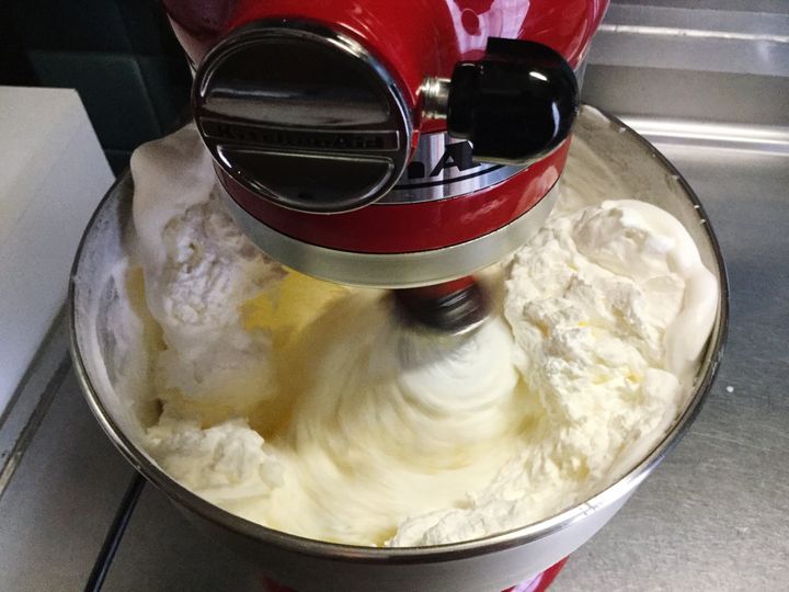 When properly creamed in a stand-up mixer, room temperature butter and sugar turn into a thick, pale emulsification.