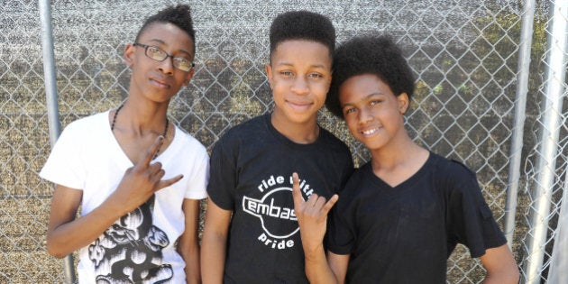 INDIO, CA - APRIL 12: (L-R) Musicians Alec Atkins, Jarad Dawkins and Malcolm Brickhouse of Unlocking the Truth pose onstage during day 2 of the 2014 Coachella Valley Music & Arts Festival at the Empire Polo Club on April 12, 2014 in Indio, California. (Photo by Kevin Winter/Getty Images for Coachella)