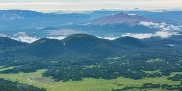 Beautiful landscape in South Kamchatka Nature Park. View from the helicopter.