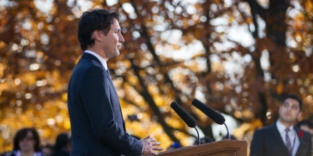 Canadian Prime Minister Justin Trudeau speaks at a press conference at Rideau Hall after being sworn in as Canada's 23rd Prime Minister in Ottawa, Ontario, November 4, 2015. AFP PHOTO/ GEOFF ROBINS (Photo credit should read GEOFF ROBINS/AFP/Getty Images)