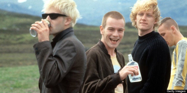 From left to right, Jonny Lee Miller, Ewan McGregor, Kevin McKidd and Ewan Bremner in a scene from the film 'Trainspotting', 1996. (Photo by Miramax/Getty Images)