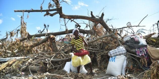 TOPSHOT - A hurricane Matthew victim sits on a damaged tree after receiving food from the UN's World Food Programme in Roche-a-Bateaux, in Les Cayes, in the south west of Haiti, on October 12, 2016. / AFP / HECTOR RETAMAL (Photo credit should read HECTOR RETAMAL/AFP/Getty Images)