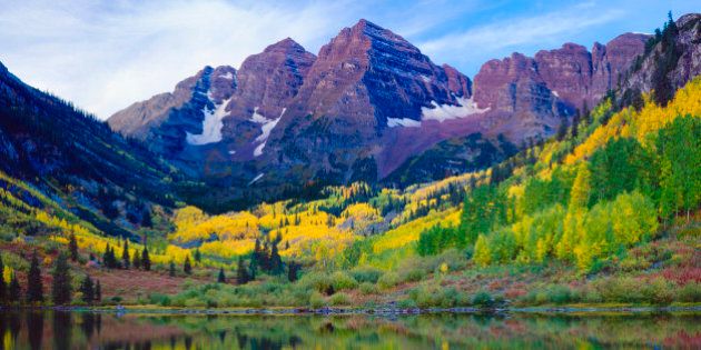 Maroon Bells With Autumn Aspen Trees and Maroon Lake in the Rocky Mountains near Aspen Colorado