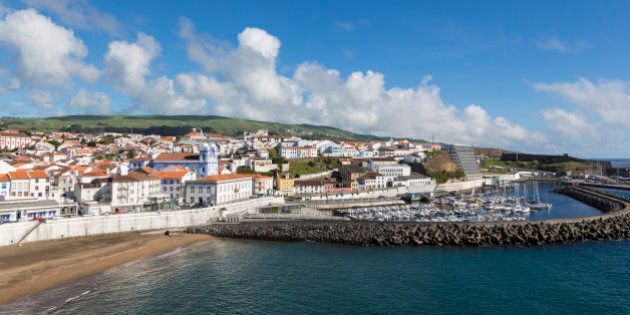General view of town and harbour, Angra do Heroismo, Terceira Island, Azores, Portugal.