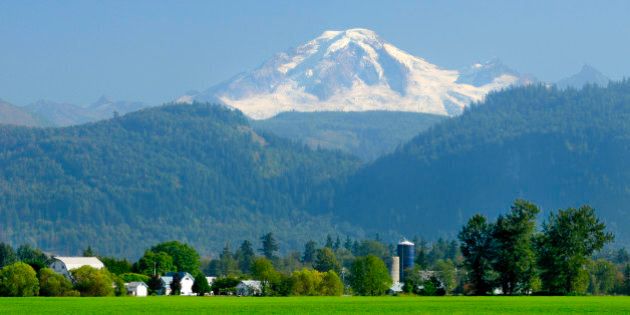 Farms, barns and silo's with Mt. Baker in the background, Abbotsford, British Columbia, Canada.