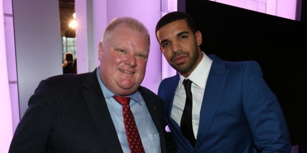 TORONTO, CANADA - SEPTEMBER 30: Toronto Mayor Rob Ford and Drake pose for a photo as it was announced the Toronto Raptors to host NBA All-Star 2016 announced during todays press conference at the Air Canada Centre on September 30 , 2013 in Toronto, Ontario, Canada. NOTE TO USER: User expressly acknowledges and agrees that, by downloading and or using this Photograph, user is consenting to the terms and conditions of the Getty Images License Agreement. Mandatory Copyright Notice: Copyright 2013 NBAE (Photo by Dave Sandford/NBAE via Getty Images)