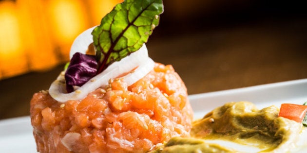 Fresh salmon tartare in a restaurant.