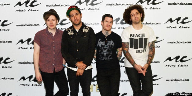 NEW YORK, NY - MAY 20: 'Fall Out Boy' band members (L-R) Patrick Stump, Pete Wentz, Andy Hurley and Joe Trohman visit 'U&A' at Music Choice on May 20, 2013 in New York City. (Photo by Slaven Vlasic/Getty Images)