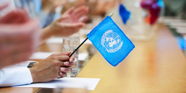 Businesswoman Holding United Nations Flag in Meeting