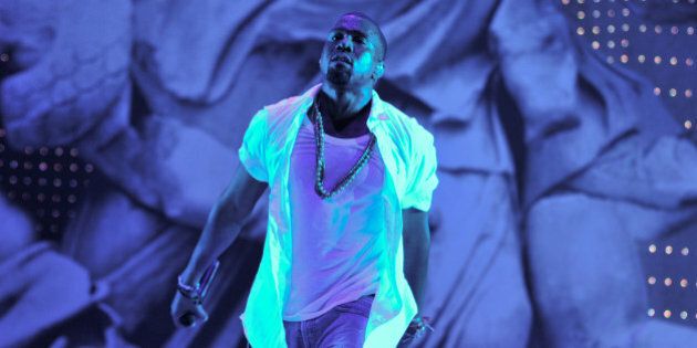 LEDBURY, ENGLAND - AUGUST 06: Kanye West performs on stage during The Big Chill Festival 2011 at Eastnor Castle Deer Park on August 6, 2011 in Ledbury, United Kingdom. (Photo by Andy Sheppard/Redferns)