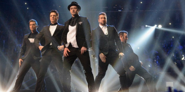 NEW YORK, NY - AUGUST 25: (L-R) Lance Bass, JC Chasez, Justin Timberlake, Joey Fatone and Chris Kirkpatrick of N Sync perform during the 2013 MTV Video Music Awards at the Barclays Center on August 25, 2013 in the Brooklyn borough of New York City. (Photo by Jeff Kravitz/FilmMagic for MTV)